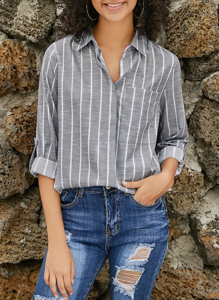 Gray Striped Roll Tab Sleeve Button Shirt