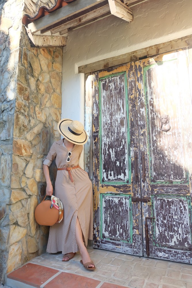 Olive Green Polka Dot Button Down Maxi Shirt Dress