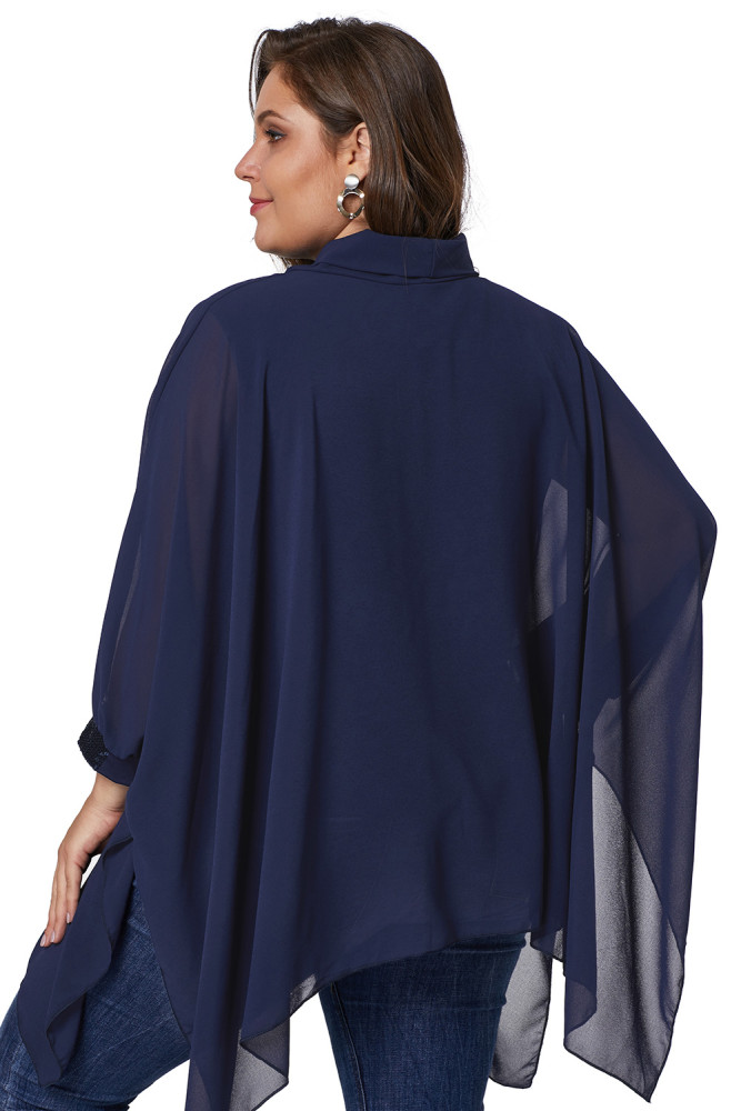 Navy Long Sleeve Chiffon Overlay Plus Size Blouse