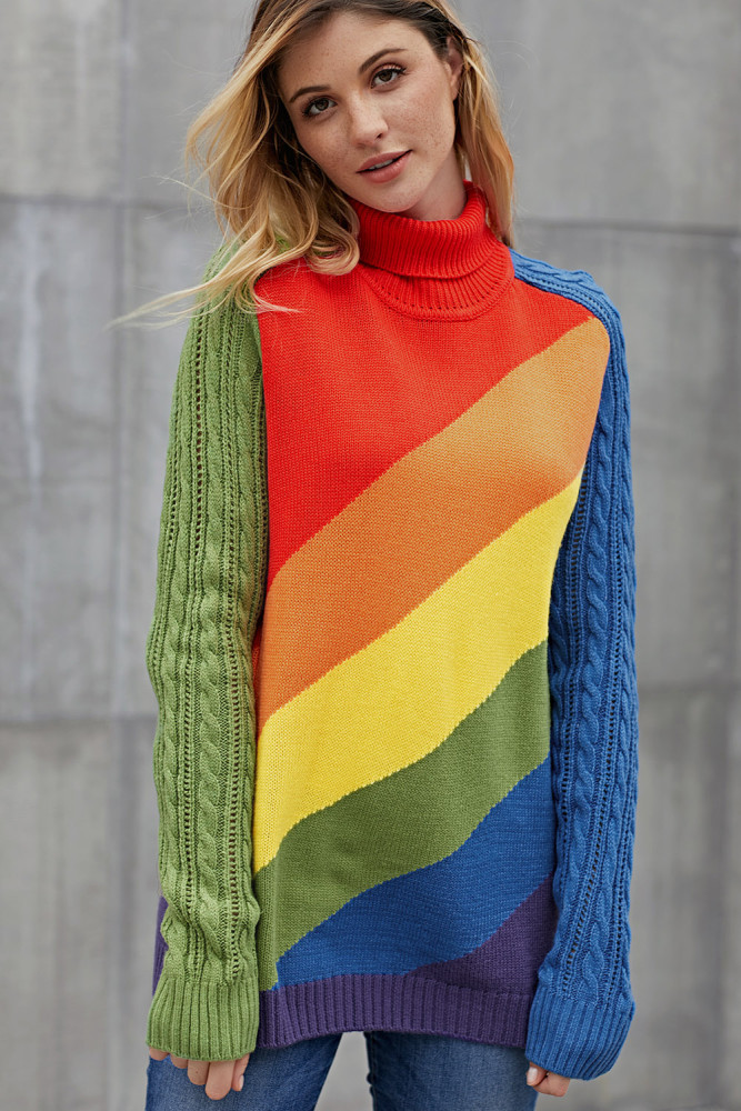 Asymmetric Cable Knit Sleeve Rainbow Striped Sweater