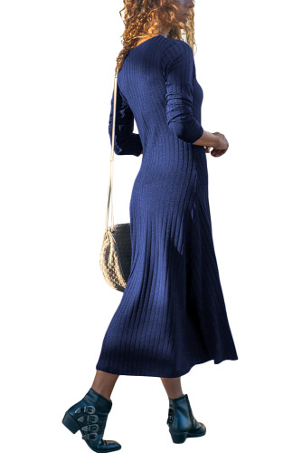 Blue Button Front Long Sleeve Ribbed Midi Dress