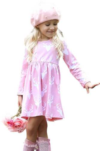 Pink Christmas Deer Print Long Sleeve Girl Dress