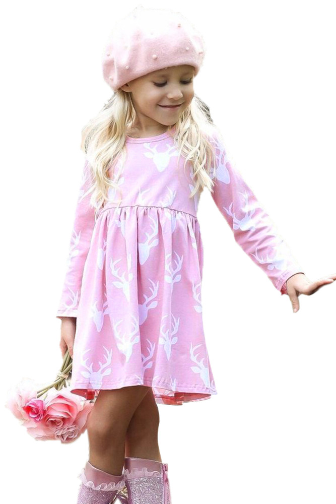 Pink Christmas Deer Print Long Sleeve Girl Dress