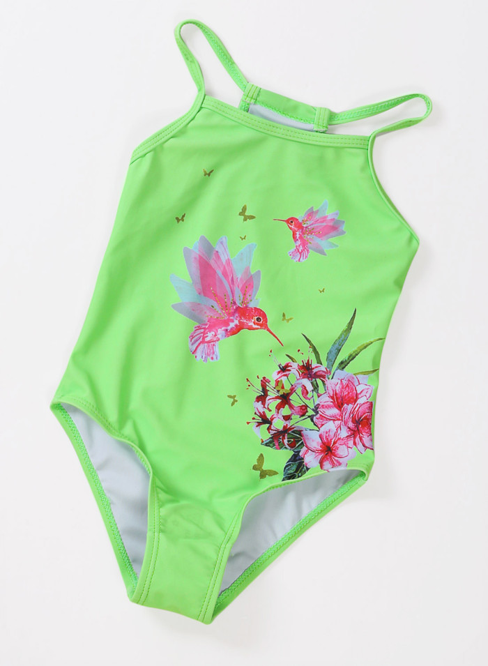 Neon Green Floral and Birds Little Girls One-piece Swimwear