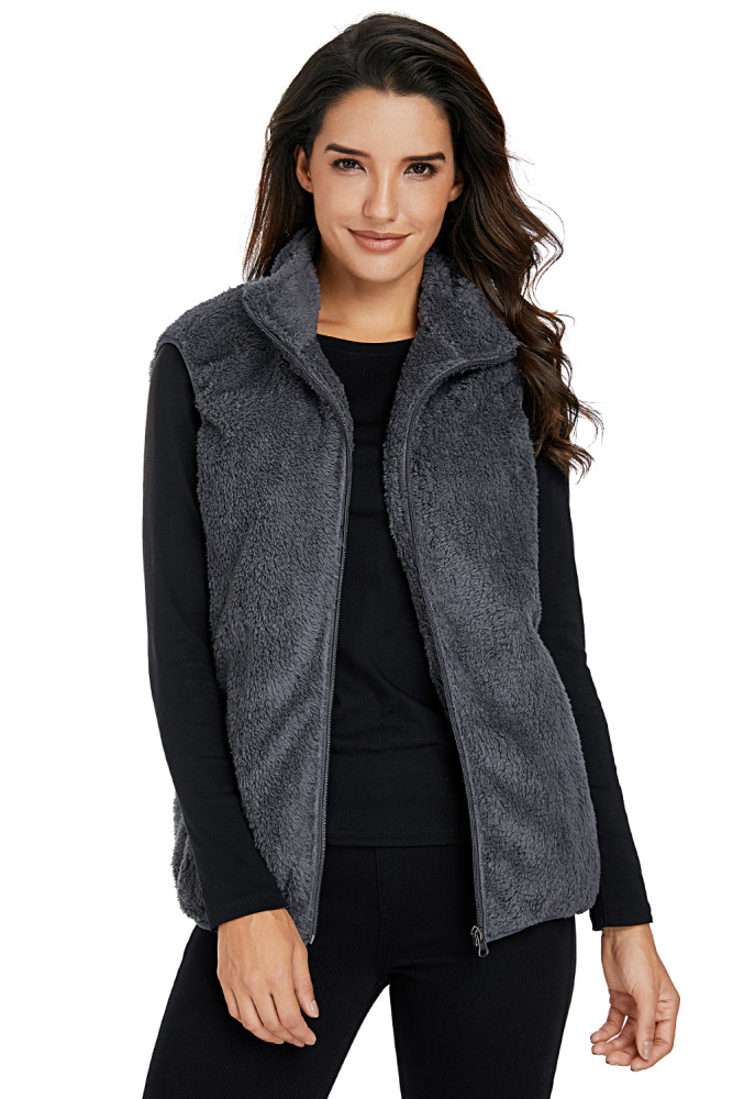 Gray Furry High Neck Vest Jacket