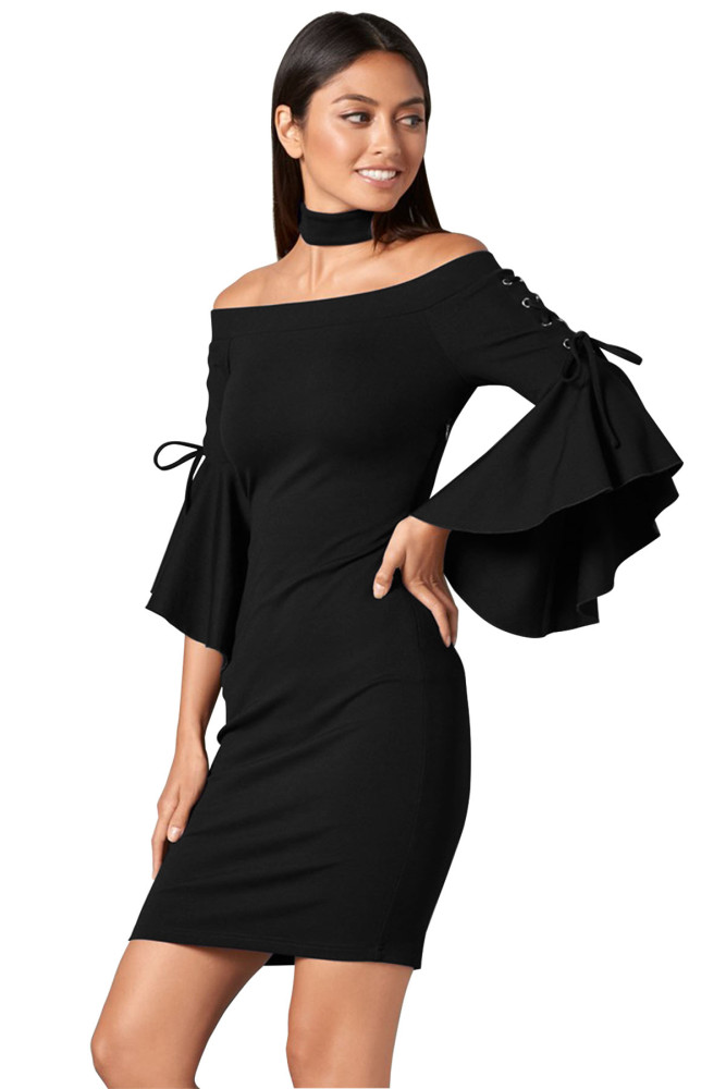Grommet Lacing Sleeved Black Chocker Dress
