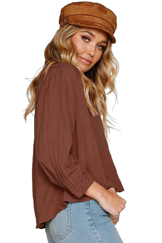 Rusty Button Down V Neck Chunky Linen Top