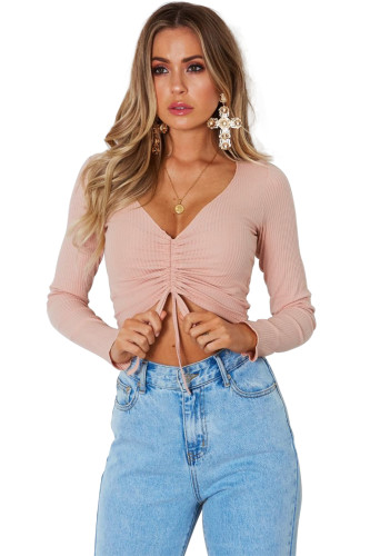 Pink Cinched Lace Up Long Sleeve Crop Top