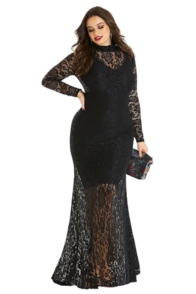 Black Plus Size High Neck Lace Fishtail Maxi Dress