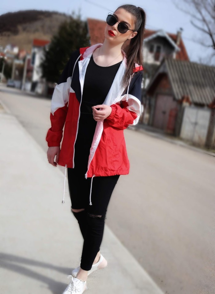 Red Hooded Triple Color Block Sporty Jacket