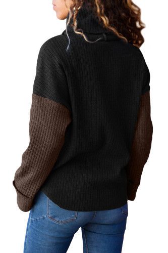 Black Brown Color Patchwork Ribbed High Neck Sweater