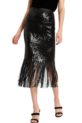 Black Sequin Fringe Midi Skirt