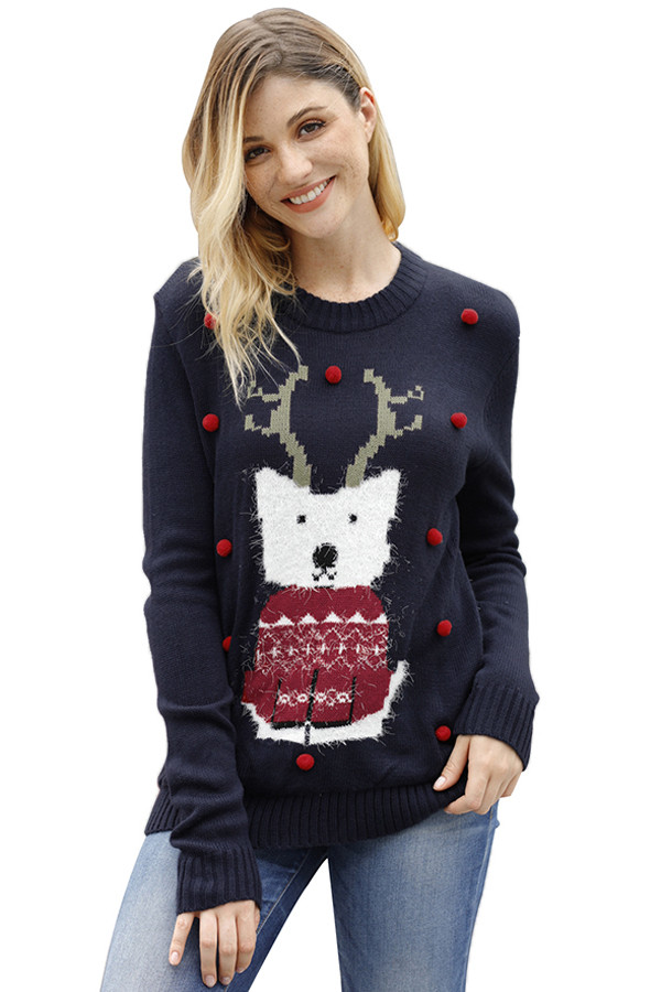Navy Cartoon Front Accent Christmas Sweater