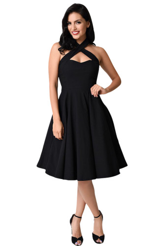 Black Cross Halter Vintage Flare Dress