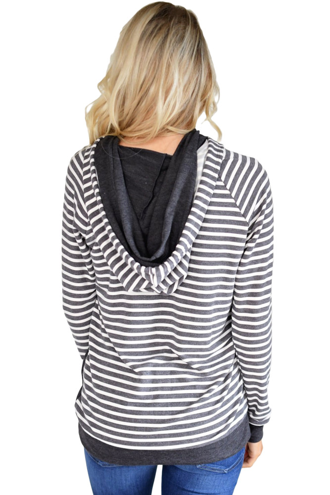 Gray Double Hooded Striped Sweatshirt