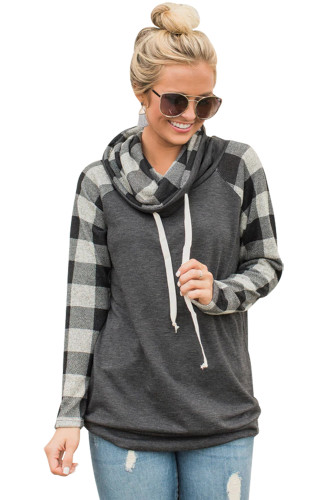 Plaid Sleeve and Cowl Neck Gray Drawstring Sweatshirt