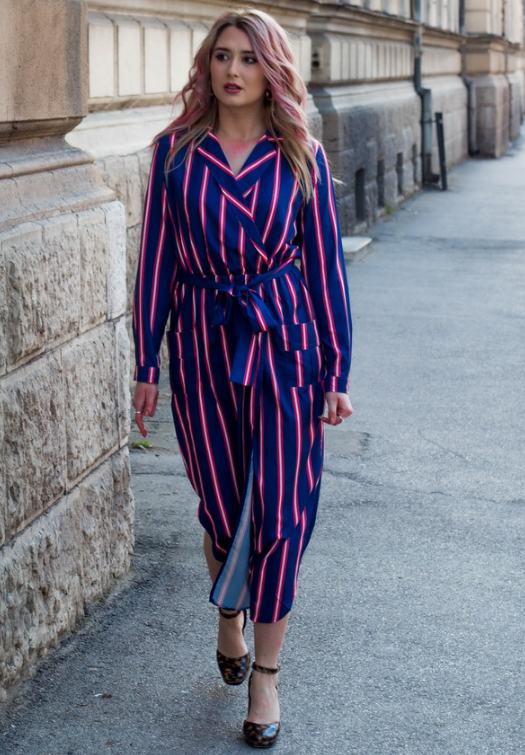 Navy Blue Multi Striped Shirt Dress with Tie