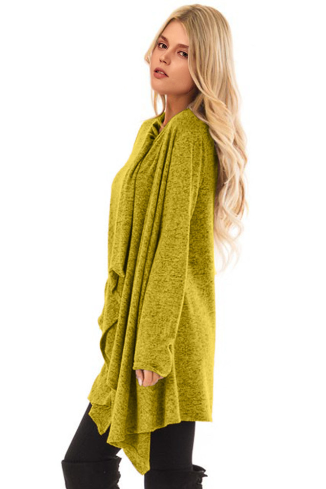 Mustard Draped Open Front Asymmetrical Cardigan