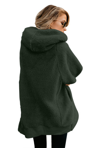 Dark Green Zip Down Hooded Fluffy Coat