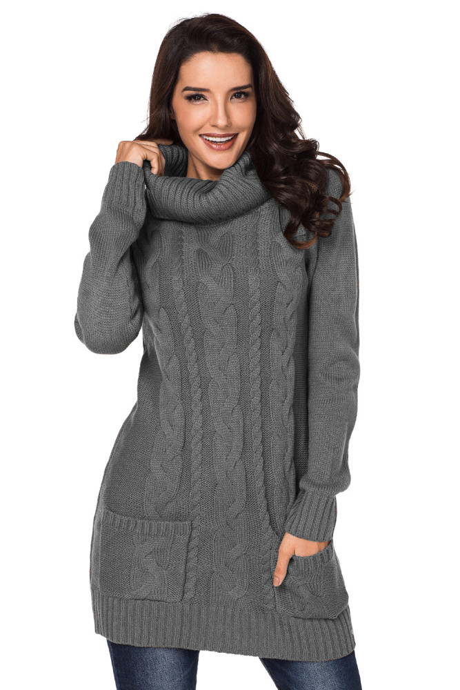Gray Cowl Neck Cable Knit Sweater Dress