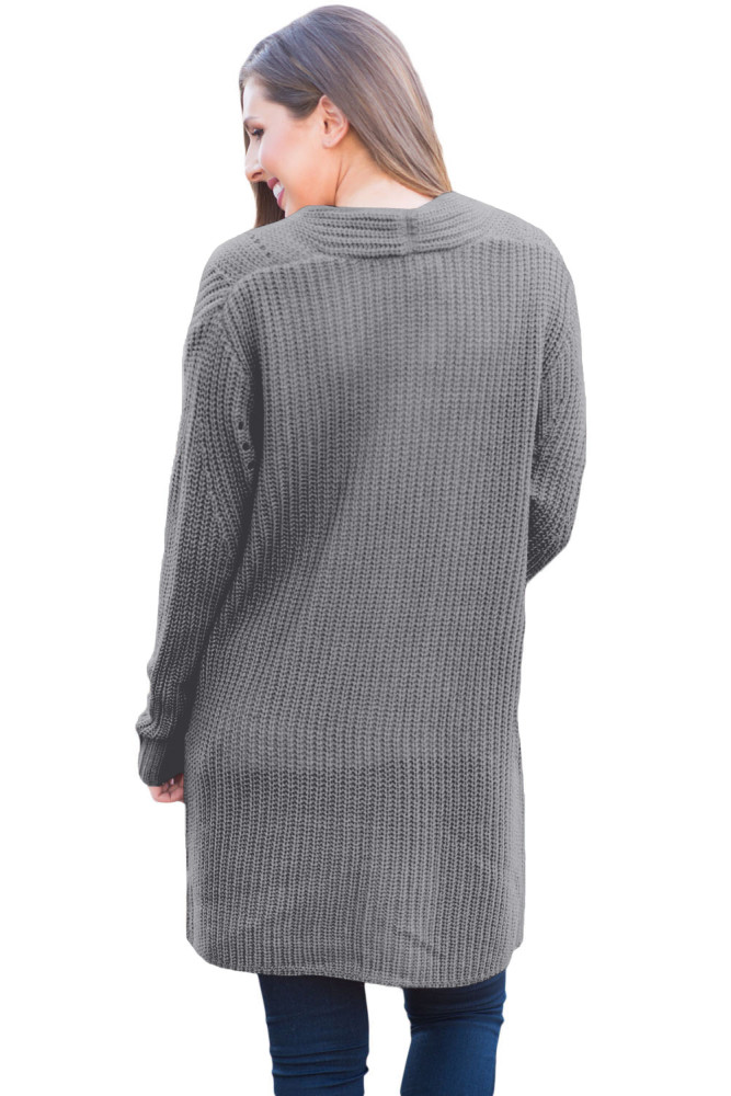 Gray Open Front Women Cardigan with Pockets