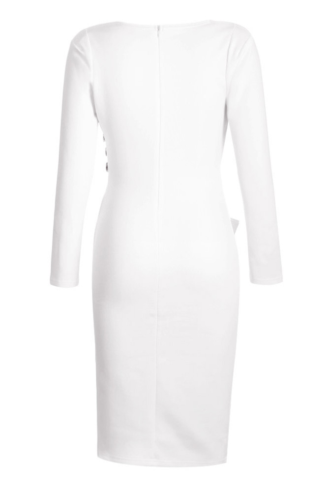 Asymmetric Button Detail White Ruched Midi Dress