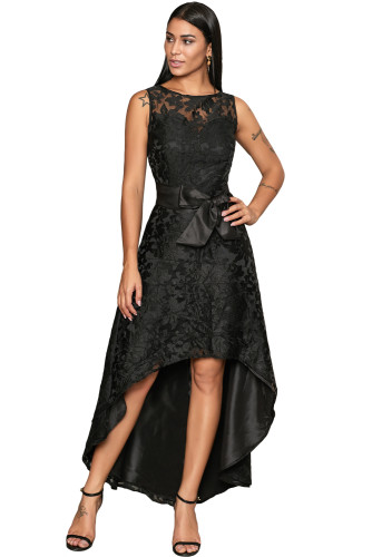 Black Sleeveless Lace Overlay Bow Sash Party Dress
