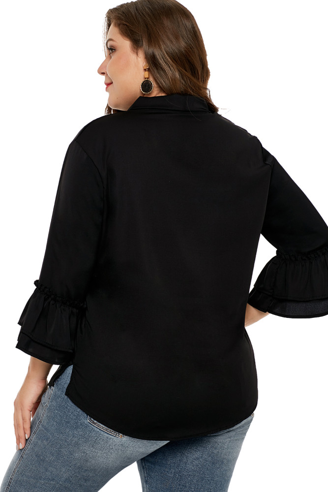Black Tie Neck Ruffle Sleeved Plus Size Blouse