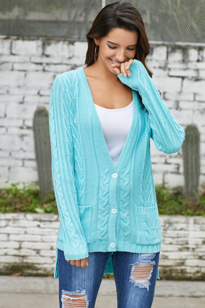 Blue Button the Deep V Front Cable Sweater Cardigan