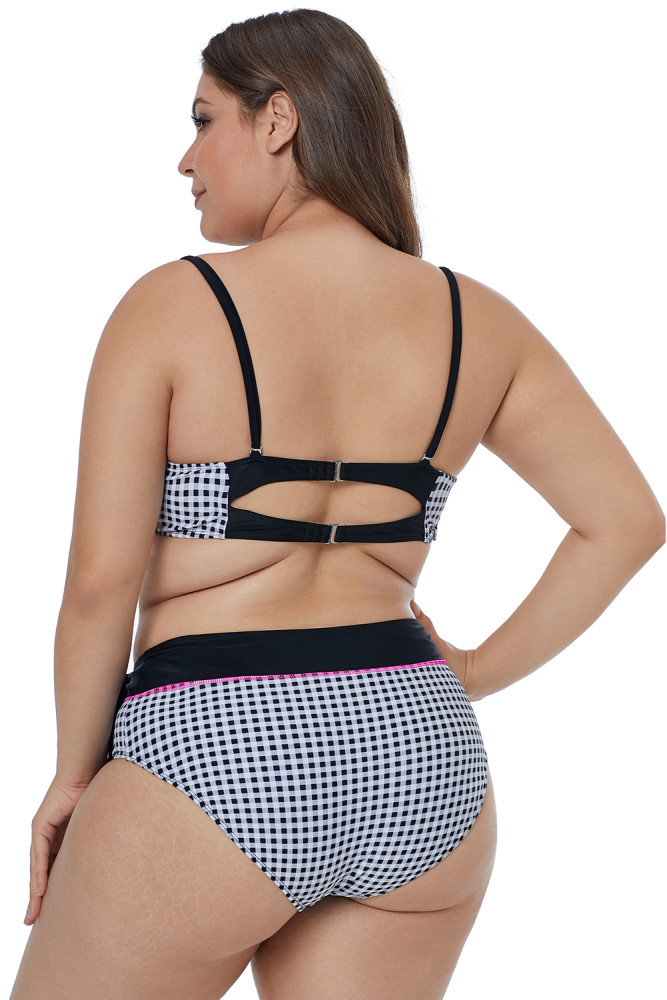 Contrast Piping Tartan Printed Pattern Plus Size Bikini