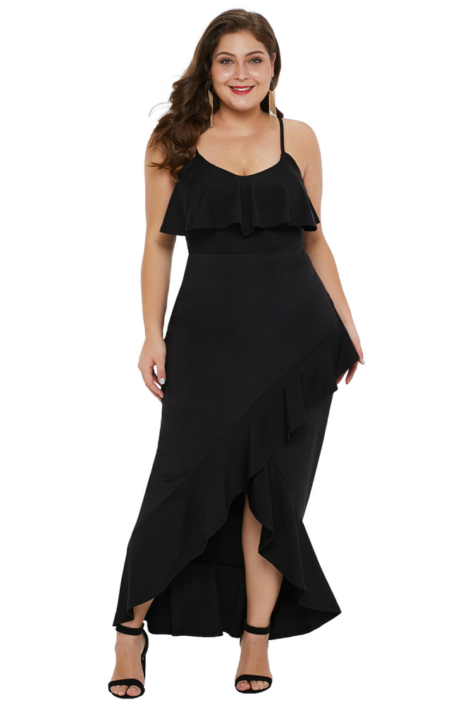 Black Plus Size Ruffle Trim Spaghetti Straps Maxi Dress