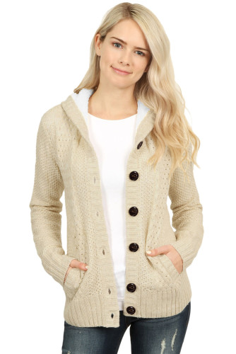 Fleece Hooded Apricot Button Down Cardigan Sweater