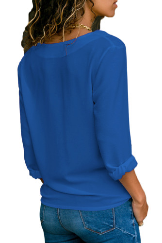 Royal Blue Lapel V Neck Button Down Blouse