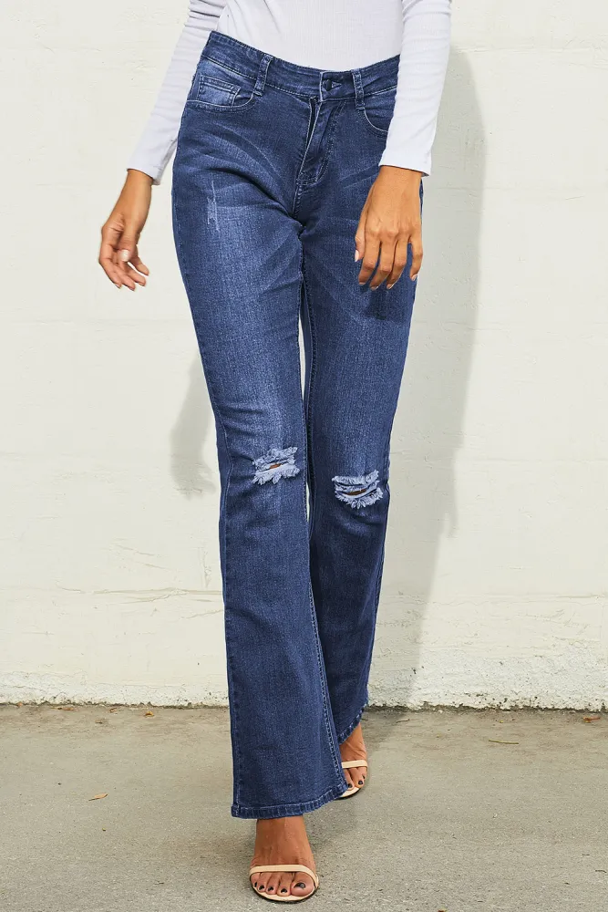 Ripped Knee Detail Blue Flared Jeans