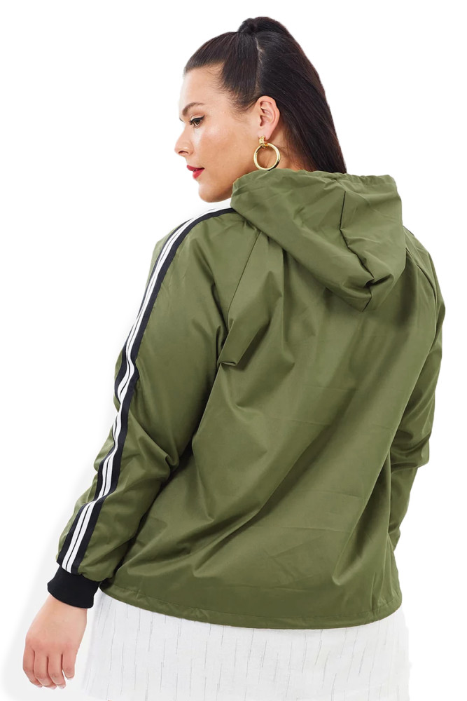 Army Green Striped Sleeve Hooded Parker Jacket
