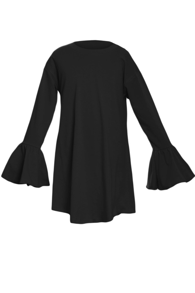 Black Flared Long Sleeve Shirttail Baby Girl Dress