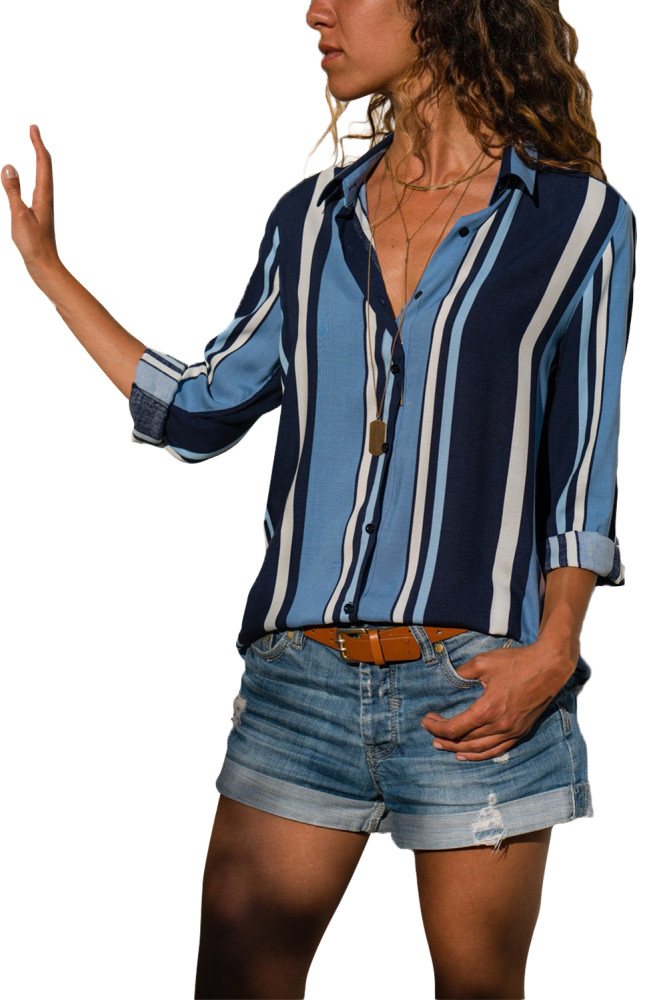 Blue Navy Striped Long Sleeve Button Down Shirt