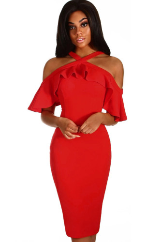 Red Frill Cold Shoulder Midi Dress
