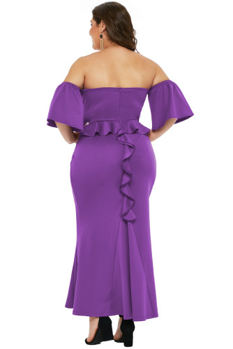 Purple Sexy Strapless Drop Shoulder Plus Size Maxi Dress with Ruffles
