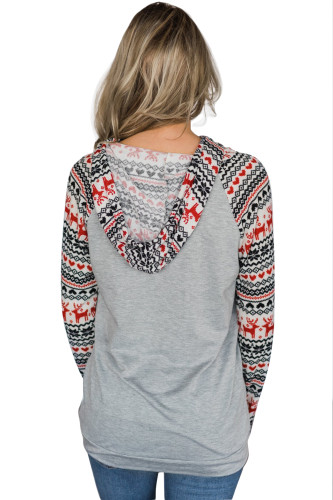 Gray Christmas Reindeer Hooded Long Sleeve Sweatshirt