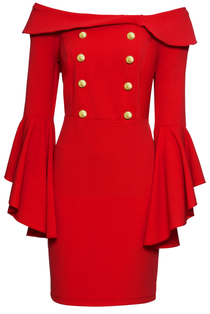 Red Double Breasted Button Off Shoulder Dress