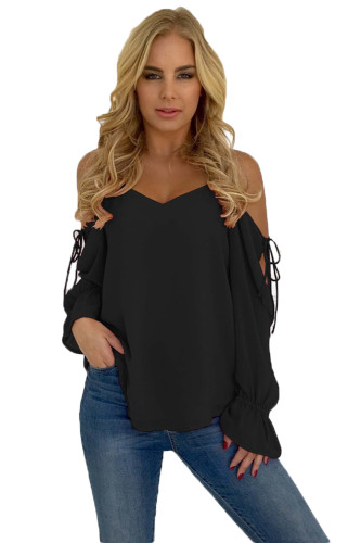 Black Spaghetti Strap Cold Shoulder Long Sleeve Top