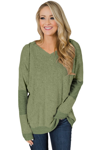 Army Green V Neck Patchwork Design Hoodie