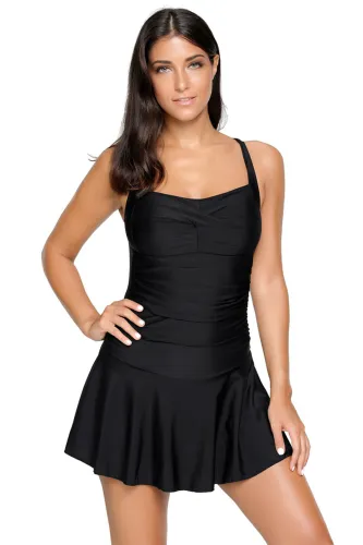 Solid Black Swimdress with Attached Shorts