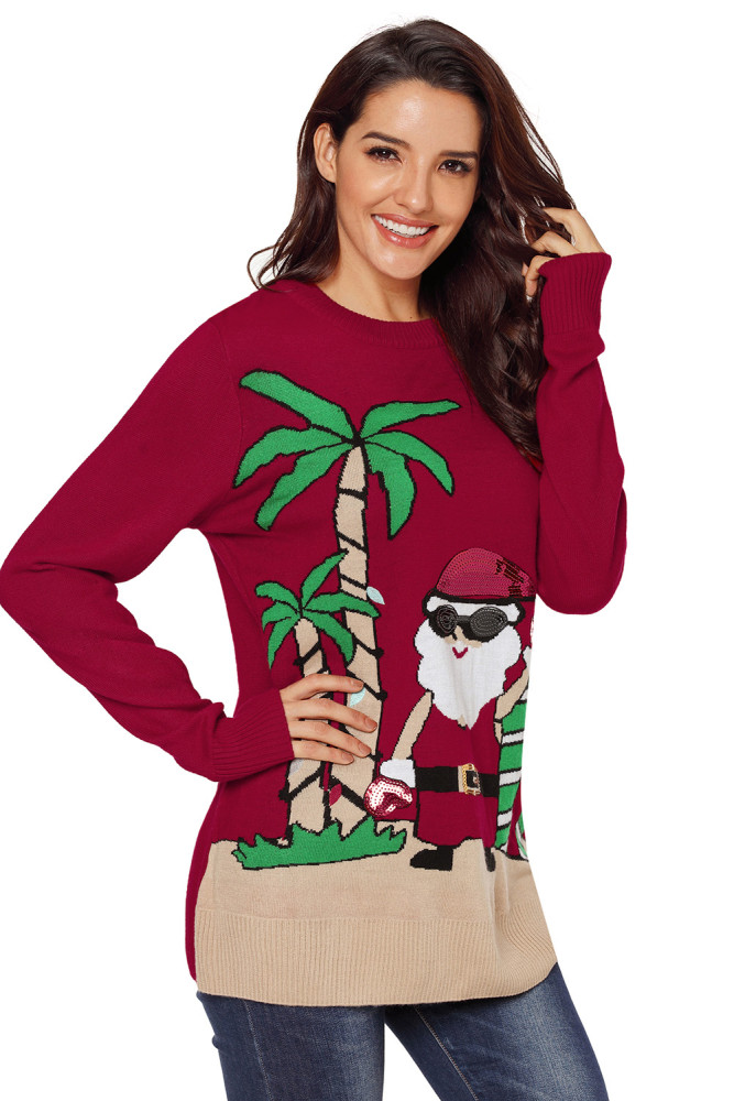 Burgundy Beach Coconut Tree Santa Sweater