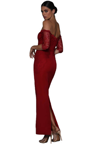Red Sheer Lace Sleeve Off Shoulder Maxi Dress