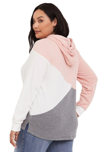 Pink Hooded Tricolor Blocked Plus Size Top