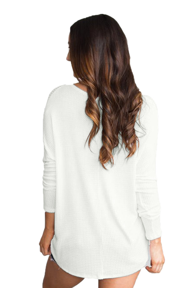White Waffle Knit Button Front Blouse