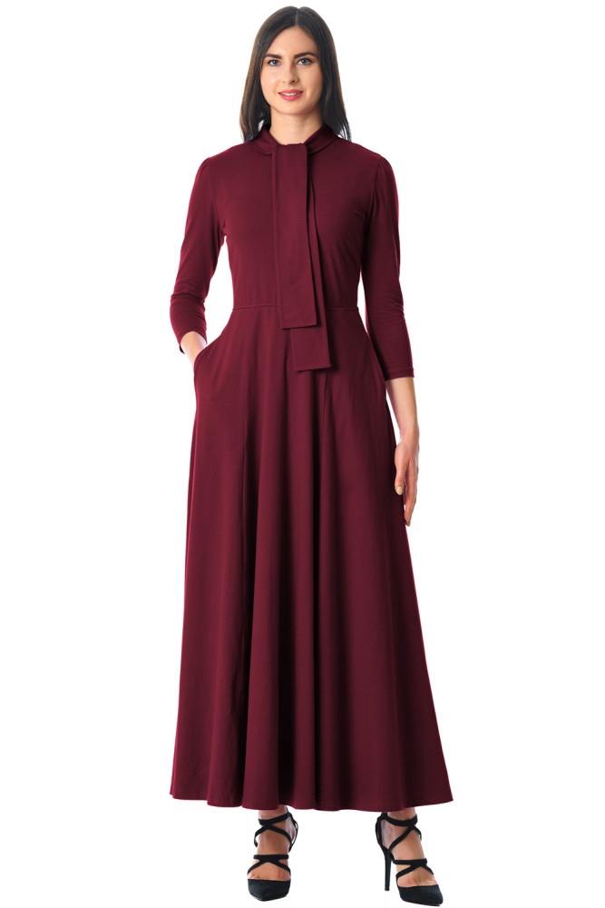 Burgundy Pocketed 3/4 Sleeves Tie Neck Maxi Dress
