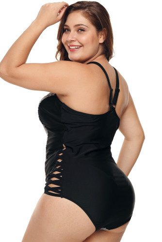 Plus Size Monochrome Print Cutout Maillot